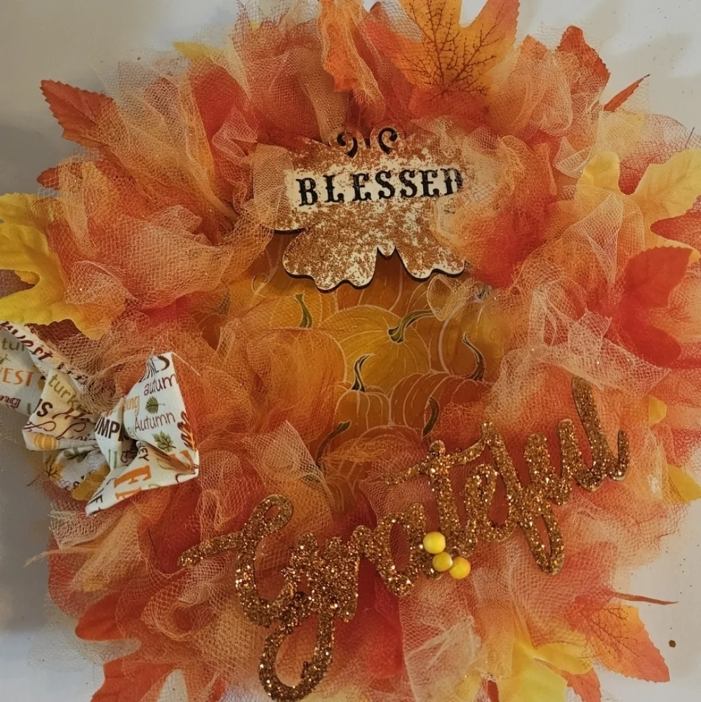 Handmade Fall Holiday Wreath Blessed Grateful Autumn Decor